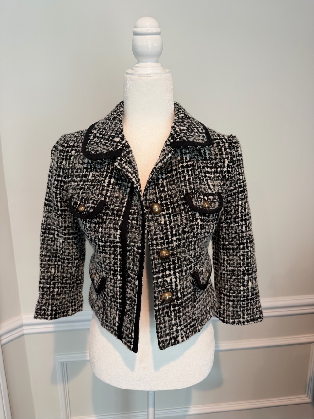 Express Black and White Tweed Short Blazer with Gold Buttons